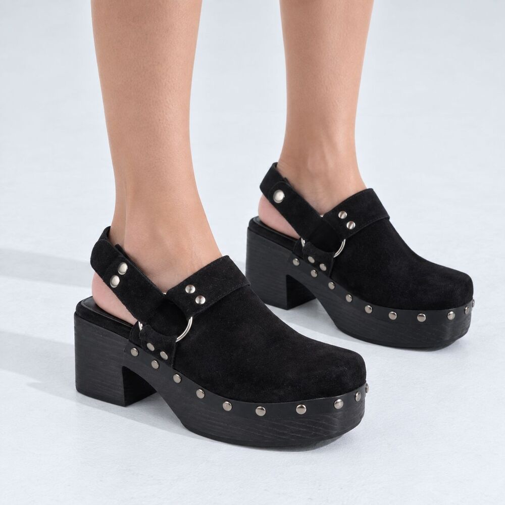 Nasty Gal Slingback Platform Clogs Sz 4 Black Suede Studded Square Toe Goth Y2K